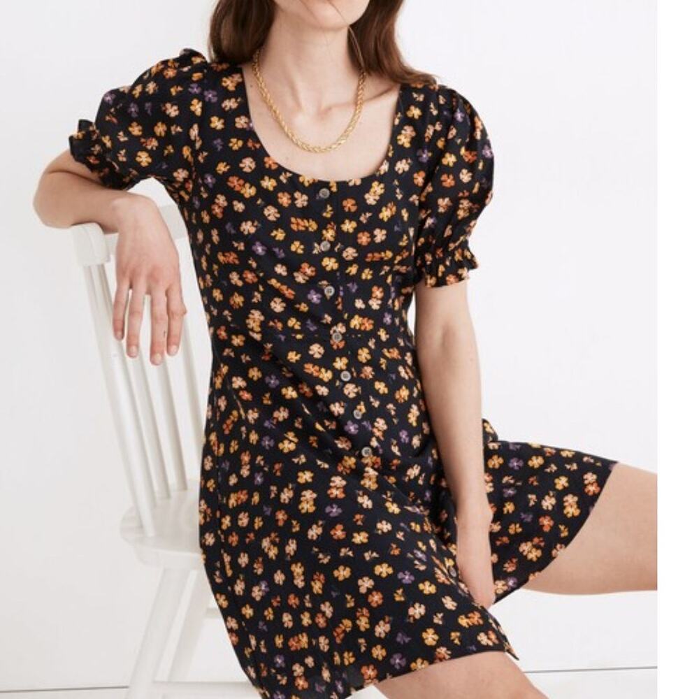 Madewell Smock Puff Sleeve Button Front Mini Dress Floral Blue Orange Medium 8